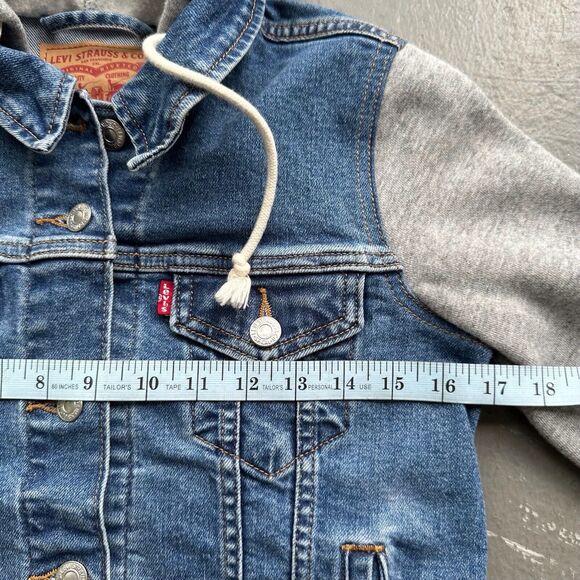 Levi’s Hybrid Twofer Hooded Denim Jean Trucker Jacket - Dark Wash Gray Wmns XS - Picture 10 of 12
